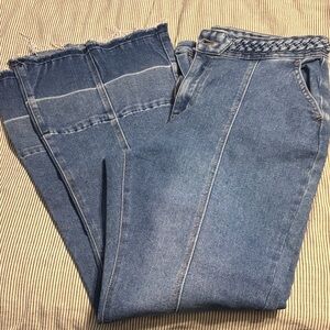 Elegant Blue Flare Jeans with Braided Waistband size 14